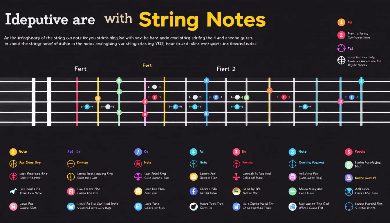 An illustration of guitar string notes on a fretboard.